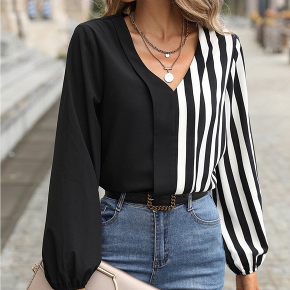 Tops - Elegant Classic stripe Long Sleeve Top Blouse Shirt